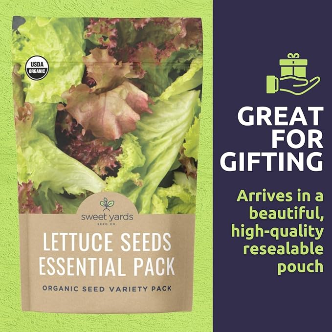 Organic Lettuce & Greens Seeds Variety Pack - 5 Individual Packs - 2026 Season - Buttercrunch, Gourmet Mix, Romaine, Tom Thumb & Iceberg. for Indoor & Outdoor Planting (Non-GMO, Certified Organic)
