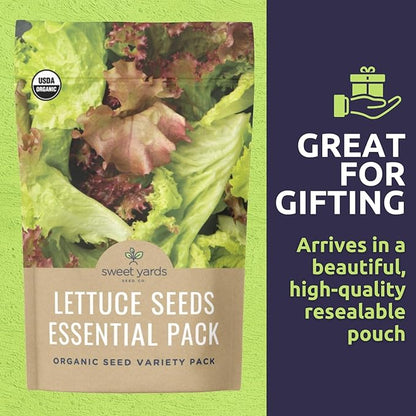 Organic Lettuce & Greens Seeds Variety Pack - 5 Individual Packs - 2026 Season - Buttercrunch, Gourmet Mix, Romaine, Tom Thumb & Iceberg. for Indoor & Outdoor Planting (Non-GMO, Certified Organic)