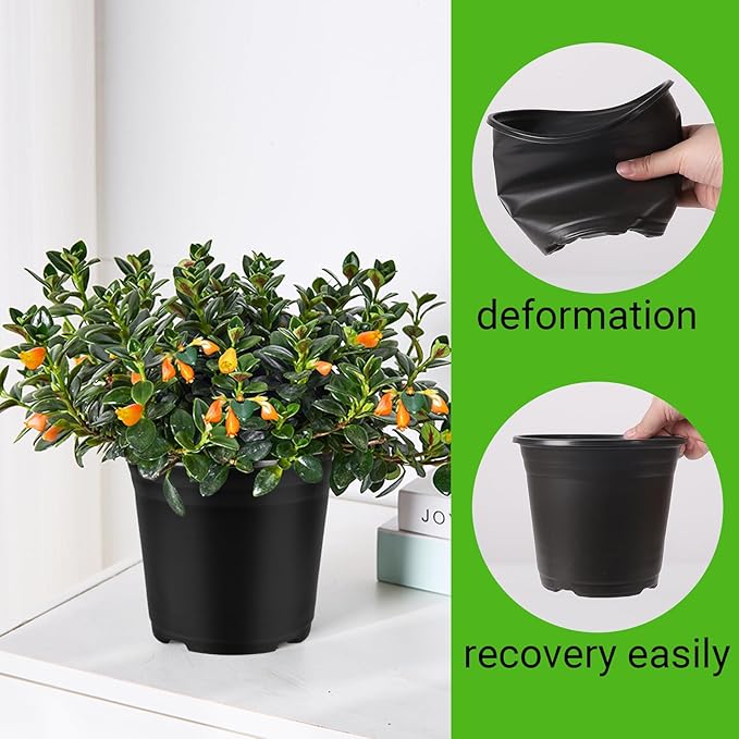 100 Pack 0.5 Gallon Plastic Plant Nursery Pots Thickened Soft Plastic Plant Pots with 100 Pcs Waterproof T-Type Plant Tags and 2Pcs/Set Transplanting Digging Mini Tools(Black)