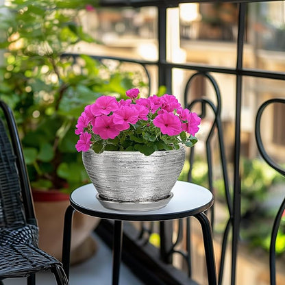 Pot for Plants 9 Inch - Ceramic Plant Pot Indoor with Drainage Hole and Saucer Round Planter for Indoor Plants Modern Decorative Flower Pot for Home Decor Silver