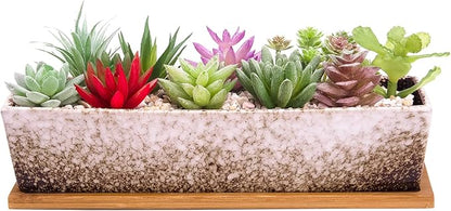 ARTKETTY Succulent Pots - Large Succulent Planter Pots with Drainage, 12 Inch Long Rectangle Bonsai Pot with Bamboo Tray Shallow Ceramic Cactus Flower Planter Window Box for Home Garden Decor (White)