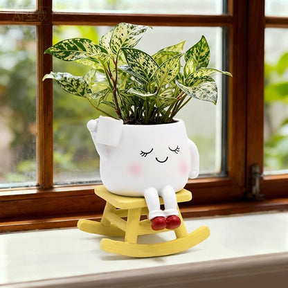 Smily Face Rocking Chair Planter -Cute Resin Book Coffee Succulents Plant Pots with Drainage Hole for Indoor Outdoor Garden, Gift IdeaI for Mother Appreciation Christmas (White)