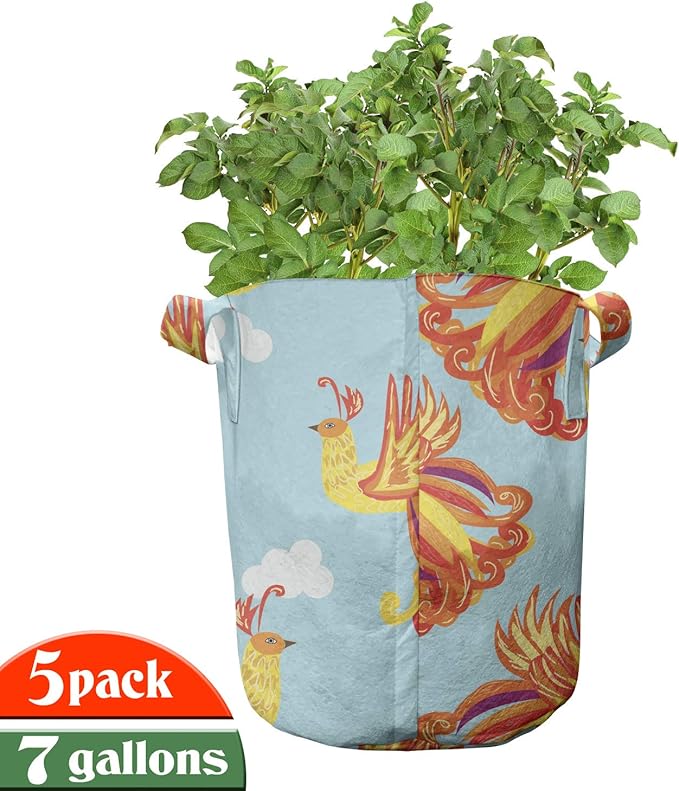 Ambesonne Phoenix Grow Bags 5-Pack, Bird Feathers Illustration, Heavyduty Fabric Pots with Handles for Plants, Vermilion Pale Blue