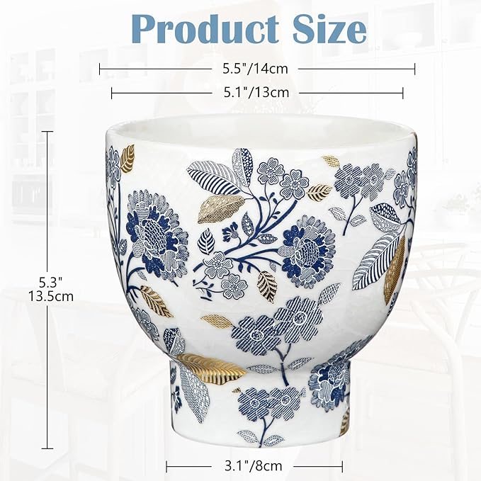 5.5 Inch Decorative Flower Pots, Blue and White Plant Pot Gold Accent Ceramic Planters for Indoor Plants Pots with Drainage Retro Planter Pot for Succulents Cactus Herb Snake Plants Outdoor Garden