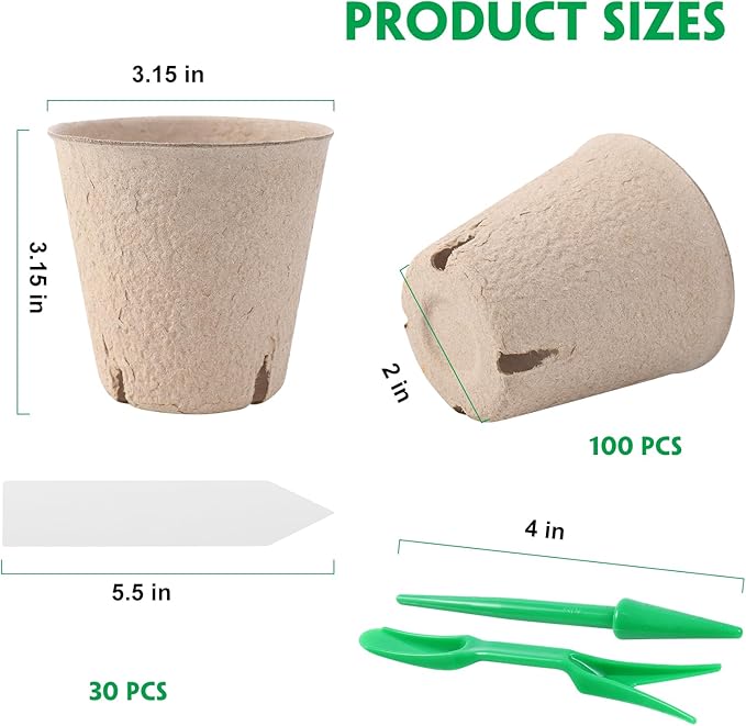 100 Pack Peat Pots for Seedlings, 3.15 Inch Plant Starter Cups with Drainage Holes, Garden Germination Nursery Pots with 30 Plant Labels, 2 Transplant Tools for Herb, Vegetables, Plants