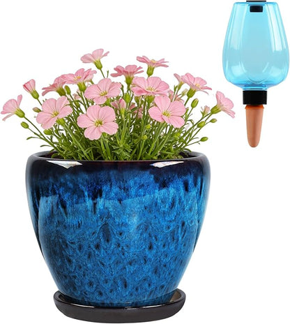 Ceramic Pots for Plant with Self Watering Globes, 6 inch Planters for Indoor Plants with Saucer, Glaze Flower Pots Outdoor with Drainage Holes, Decorative Garden Pots