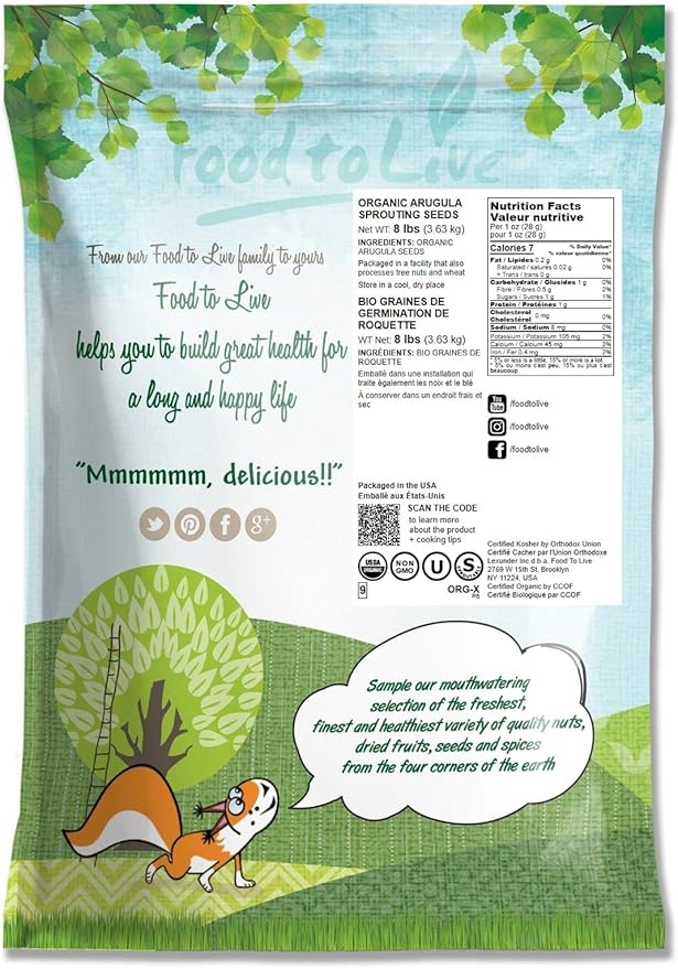 Organic Arugula Sprouting Seeds, 8 Pounds – Non-GMO, Kosher, Great for Sprouting and Planting, High Germination Rate, Vegan Superfood, Bulk, Grow Amazing Sprout, Microgreens and Plants for Salads, San
