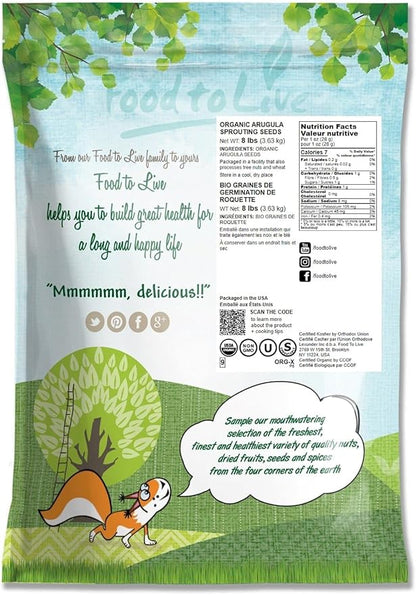 Organic Arugula Sprouting Seeds, 8 Pounds – Non-GMO, Kosher, Great for Sprouting and Planting, High Germination Rate, Vegan Superfood, Bulk, Grow Amazing Sprout, Microgreens and Plants for Salads, San