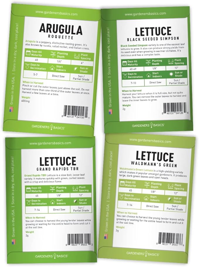 Gardeners Basics, 8 Leafy Garden Greens Seeds for Planting Individual Packets - Arugula, Collards, Spinach, Swiss Chard, Kale, Lettuce, Leafy and Butter Lettuce Seeds for Your Heirloom Salad Garden