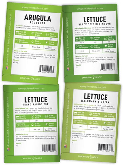 Gardeners Basics, 8 Leafy Garden Greens Seeds for Planting Individual Packets - Arugula, Collards, Spinach, Swiss Chard, Kale, Lettuce, Leafy and Butter Lettuce Seeds for Your Heirloom Salad Garden