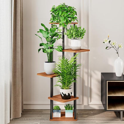 AZERPIAN Plant Stand 5 Tier Indoor Metal Flower Shelf for Multiple Plants Corner Tall Flower Holders for Patio Garden Living Room Balcony Bedroom, Walnut (5 Tier-Walnut)