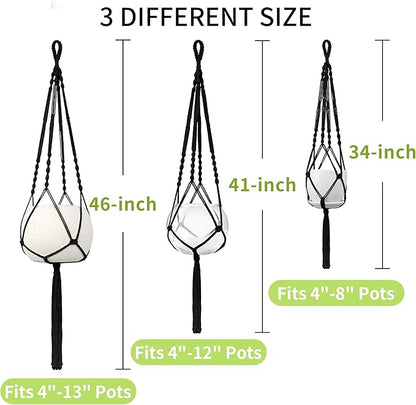 Macrame Plant Hanger - Fits 4 to 13 inches Pots for Indoor Outdoor, 34"/41"/46" 3 Sizes Set, Black (POTS NOT Included)