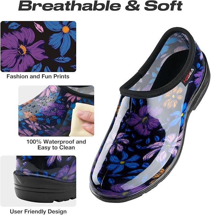 HISEA Waterproof Garden Shoe for Women Outdoor Slip-On Garden Clogs Rubber Rain Boots Short Ankle Booties Rain Shoes with Comfort Insole