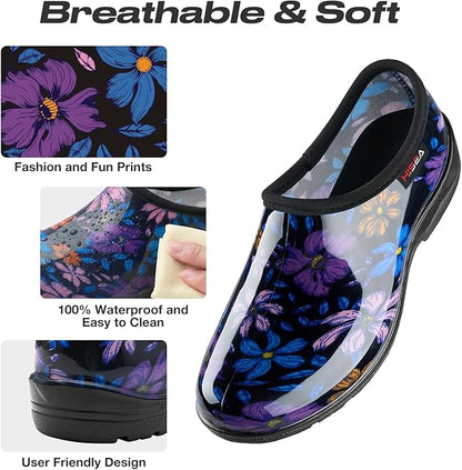 HISEA Waterproof Garden Shoe for Women Outdoor Slip-On Garden Clogs Rubber Rain Boots Short Ankle Booties Rain Shoes with Comfort Insole