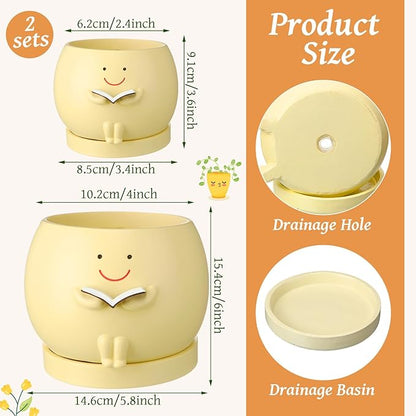 2 Pcs Smile Face Planters Pots with Drainage Hole, 6'' Head Planters 3.6'' Cute Resin Flower Pot for Indoor Plants, Succulent Pots for Plant Lover Gift(Book)
