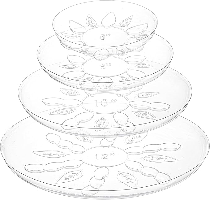 YOUEON 24 Pack Clear Plant Saucers with Feet, 6/8/10/12 Inch Heavy Duty Plastic Plant Drip Trays, Flower Pot Trays, Plant Water Catcher Tray for Indoor & Outdoor Plants, Round, 4 Sizes