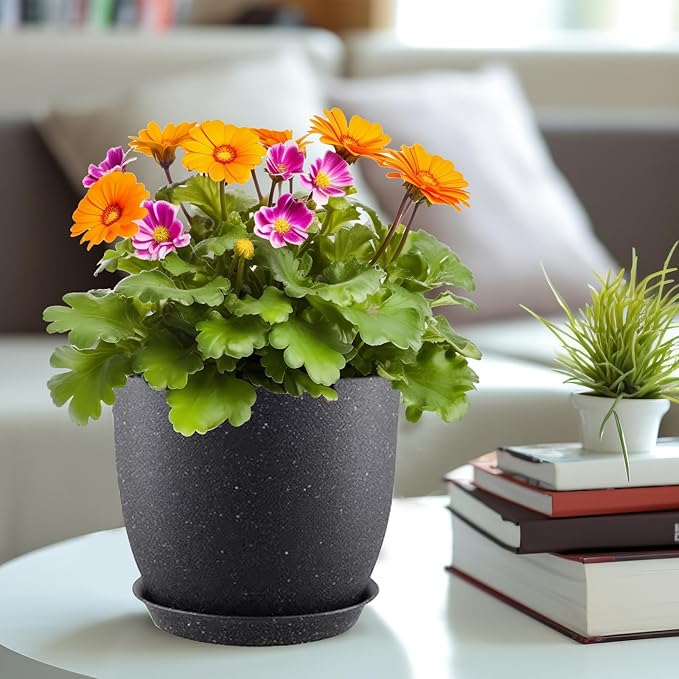 10/9/8 inch Plant Pots, 3 Pack Plastic Flower Pots Modern Flower Pots with Drainage Holes and Trays are for Indoor and Outdoor Plants, Herbs and Flowers,Black Speckles
