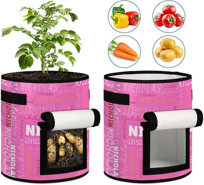 Custom Name Grow Bags 7 Gallon Personalized Breathable Potato Growing Bag with Flap Harvest Window and Handles Garden Planting Bag for Tomato Vegetable Fruits 2 Pack Neon Pink