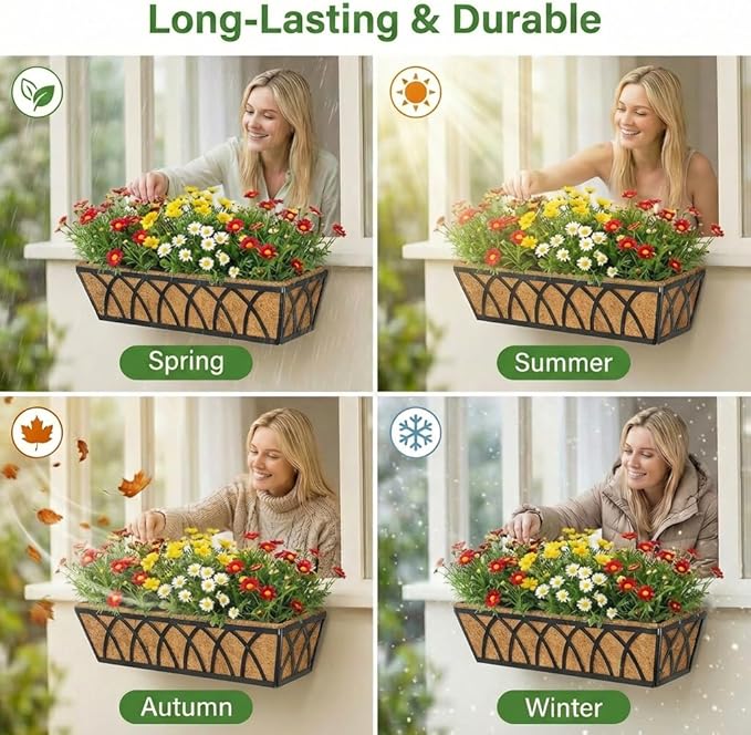 Y&M Planter, 24in Metal Box with Coco Liner, Indoor Outdoor Window/Railing Planter, 2pcs, Black