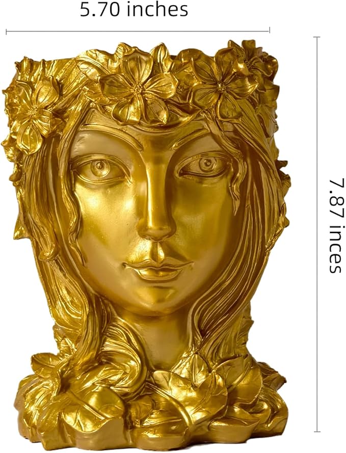 Face Flower Pot Head Planter with Drainage Hole - Cute Resin Goddess Face Planter for Indoor & Outdoor Use (Goddess Golden, Large)