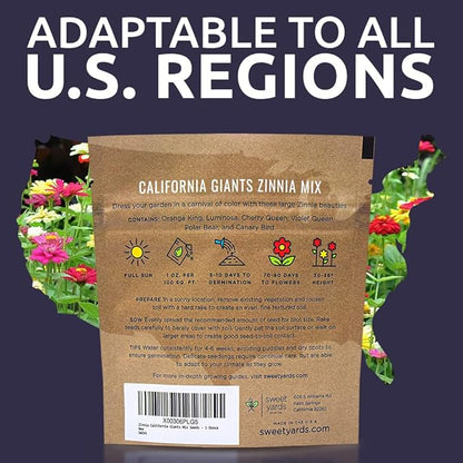 Zinnia Seeds - California Giants Mix - Large 1 Ounce Packet - 3,000 Flower Seeds - Mixed Colors and Large Blooms