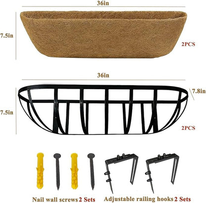 36 Inch Railing Planter Boxes 2 Pack Metal Window Box Planters with Coco Coir Liners, Horse Trough Planter with Adjustable Brackets for Deck Balcony Fence Porch Patio Outdoor Garden