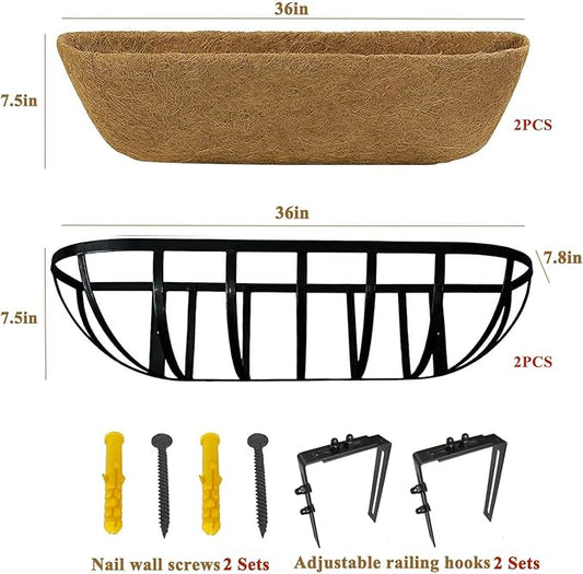 36 Inch Railing Planter Boxes 2 Pack Metal Window Box Planters with Coco Coir Liners, Horse Trough Planter with Adjustable Brackets for Deck Balcony Fence Porch Patio Outdoor Garden