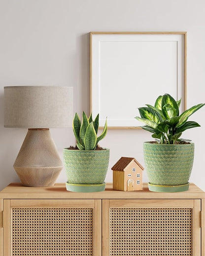 Plant Pots, Flower Pots, Planters for Indoor Plants(6.5+5.5inch), Flower Pots for Indoor Plant with Drainage Hole and Saucer, Ceramic Pots for Plants with Hole Mesh Pad,Sage Green