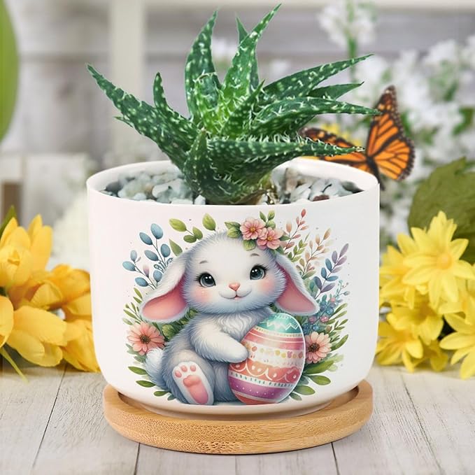 DreamAutumn Easter Bunny Rabbit Ceramic Planters Ceramic Pots with Saucers Orchid Pots for Plants Succulents Pots Office Desk Garden Balconys New Home Decor,Gifts for Mom Mother Grandmother