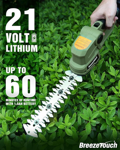 Breeze Touch 21v Cordless Hedge Trimmer, Electric Bush Shear & 2 Blades Grass Tool with 1.5ah Battery and Fast Charger, Light Weight Handheld Solution for Lawn and Garden Care