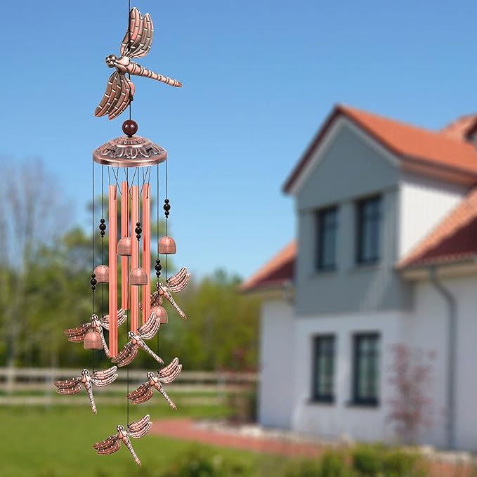Red Copper Dragonfly Wind Chimes - Garden, Home & Patio, Balconies, Room, Indoor, Outdoor Decoration, Dragonfly Decor, Outdoor Dragonflies Wind Catcher, Memorial Wind Bells Gifts for Mom & Women