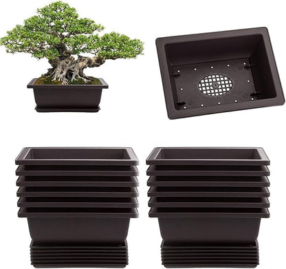 LANIAKEA 12 Pack Bonsai Pot with Trays 6.5 Inch Nursery Pots with Drainage Plastic Bonsai Training Pots for Home Furnishings Décor Flower Nursery Brown