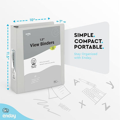 3 Ring Binder 1.5 Inch Grey, 1 ½ inch Binder Clear View Cover with 2 Inside Pockets, Colored School Supplies Office and Home – by Enday