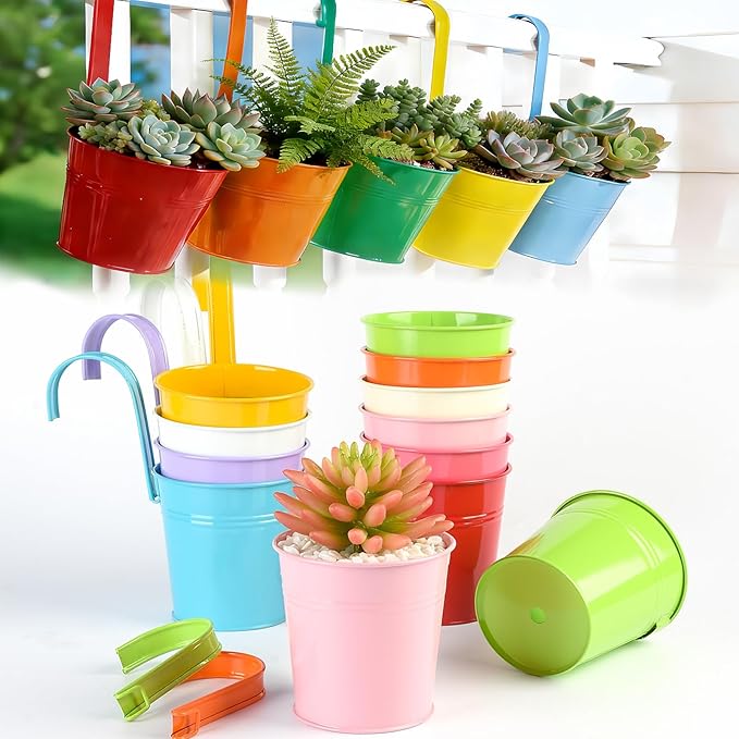 MeCids Hanging Planter Pots 4 Inches Nursery Pots Metal Indoor/Outdoor Small Flower Pots Colorful Balcony Fence Planters- 10 Piece Pack