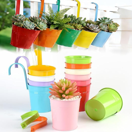 MeCids Hanging Planter Pots 4 Inches Nursery Pots Metal Indoor/Outdoor Small Flower Pots Colorful Balcony Fence Planters- 10 Piece Pack