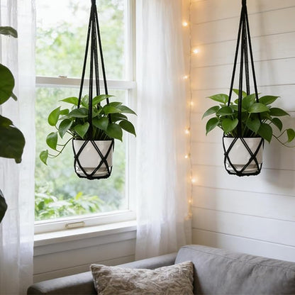 YIBOT Macrame Plant Hanger Indoor Set of 2 with 2 S Hooks, Indoor Outdoor Hanging Planter for Plants Holder with Decorative No Tassels, Boho Home Decor, 35 Inch, Black (Pots Not Included)