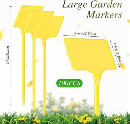 Marsui 202 Pcs Large Plant Labels Kit, Include 100 Outdoor Plastic Plant T Type Tags Waterproof Reusable Plant Markers Stakes, 100 PET Films and 2 Marker Pens for Herbs Pot (Yellow,6 Inch)