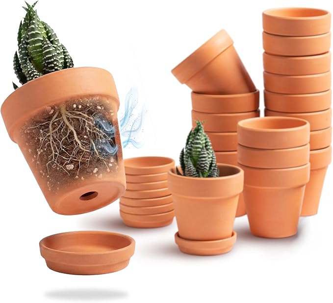 3 Inch Terracotta Starter Pots with Saucers – Clay Planting System for Seedlings, Cuttings & Succulents, Reliable Drainage for Healthy Roots, Ideal for Beginners & Small Spaces
