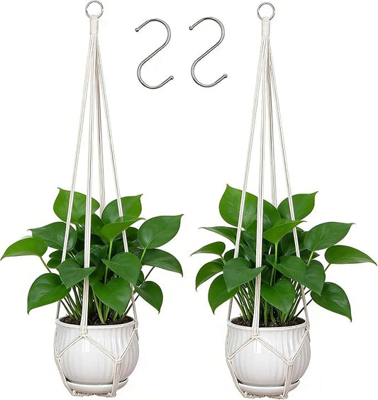 YIBOT Macrame Plant Hanger Indoor Set of 2 with 2 S Hooks, Indoor Outdoor Hanging Planter for Plants Holder with Decorative No Tassels, Boho Home Decor, 35 Inch, Ivory (Pots Not Included)