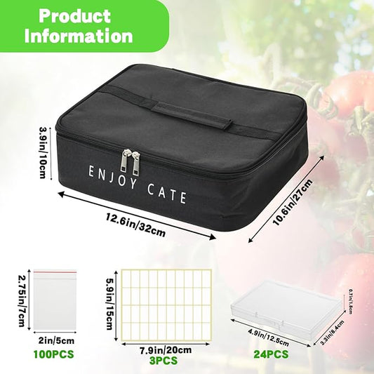 24 Slot Seed Storage Organizer Box with Insulated Bag with Dual Zipper Bag, Garden Seed Organize Sealed Bags and Label Stickers Saving Container Keeper Set for Garden Vegetable Flower Plants