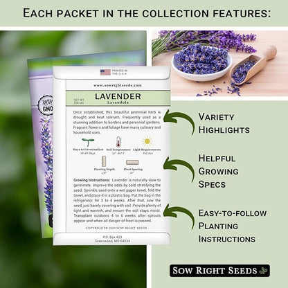 Sow Right Seeds - Edible Flower Seed Collection for Planting - Individual Packets Nasturtium, Pansy, Lavender, Chamomile, Calendula, Violet, and Borage, Non-GMO Heirloom Seed to Grow a Flower Garden