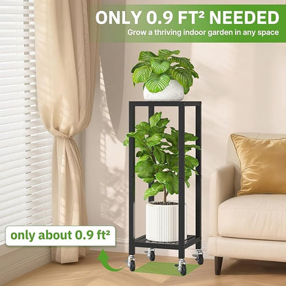 KMOTASUO 2 Tier Black Tall Plant Stand with Wheel for Indoor Outdoor, Heavy Duty Metal Multiple Large Planter Rack for Narrow Corner, Sturdy Iron Vertical Flower Holder for Modern House Patio Bathroom