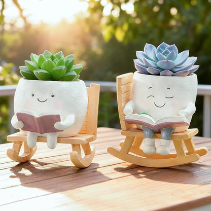 Adorable Smiley Face Reading Flower Pot, Unique Rocking Chair-Style Resin Plant Pot with Drainage Holes, Suitable for Indoor/Outdoor Planting and Home Decor (B)