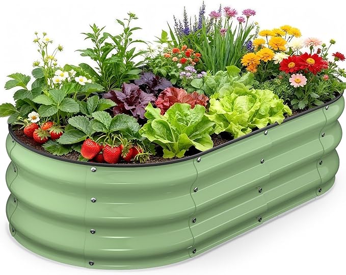 Raised Garden Bed 4×2×1 FT, Galvanized Metal Raised Planter Box, Vegetable Planting Container with Safety Edge Trim, Hardware & Gloves Included, Fruit Green for Backyard Patio Balcony