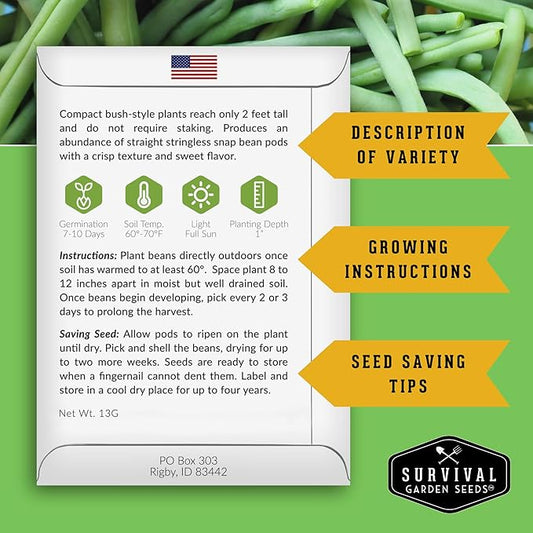 Blue Lake 274 Bush Bean Seeds for Planting - Heirloom Non-GMO Green Beans - High Germination, Stringless 5–6" Pods, Compact Bush Plants, Great Flavor - Survival Garden Seeds (3 Packs)