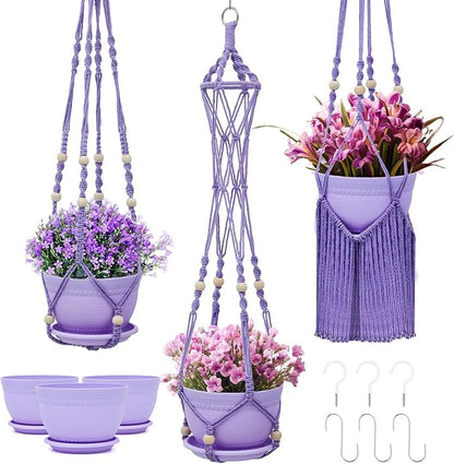 Hushee 3 Pack Crochet Macrame Plant Hanger Hanging Planters for Indoor Plants with Trays and Hooks Hanging Plant Holder Pot with Drainage Hole Boho Plant Hanger for Outdoor Flower Gardening Gift Decor