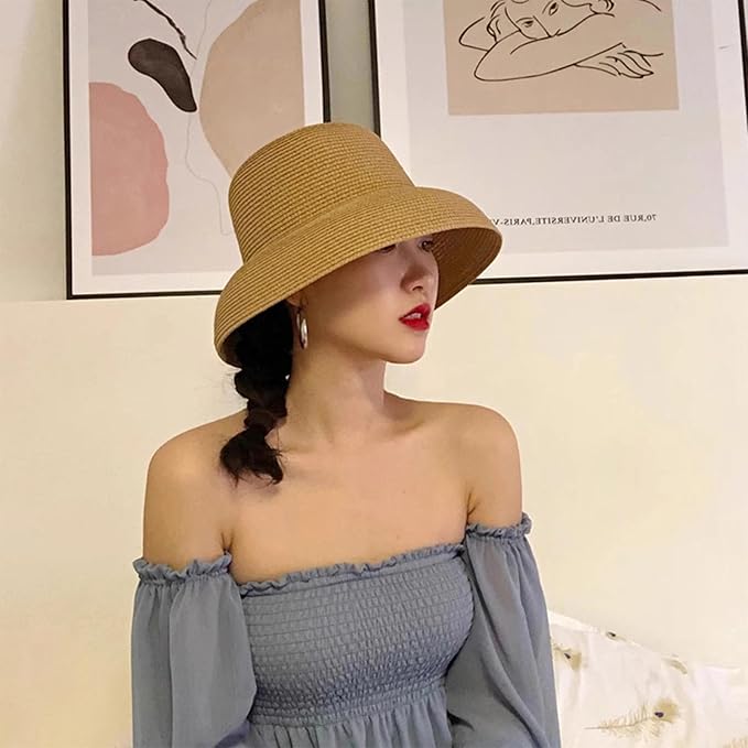 Wide-Brim Classic Elegant Style Foldable Straw Hat Women's Retro UV Resistant Sun Hats for Outdoor, Beach and Travel
