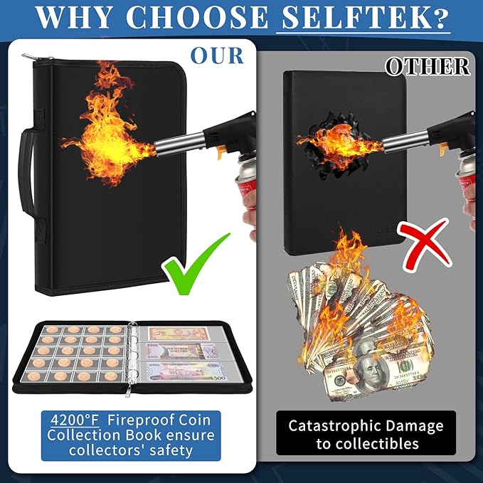 SelfTek Fireproof C-oin Collection Book Holder for Collectors, 468 Pockets C-oin Album&36 Paper Currency Binder Sleeves with Collection Labels, C-oin Storage Organizer G-ifts for Pennies, Bills,Tokens