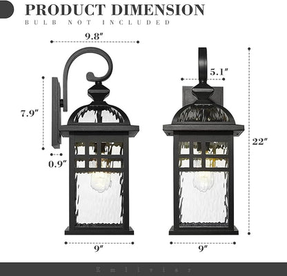 Emliviar Black Exterior Lighting Fixture, 22 Inch Farmhouse Outside Lights for House with Water Ripple Glass, DE281B-M BK-WP
