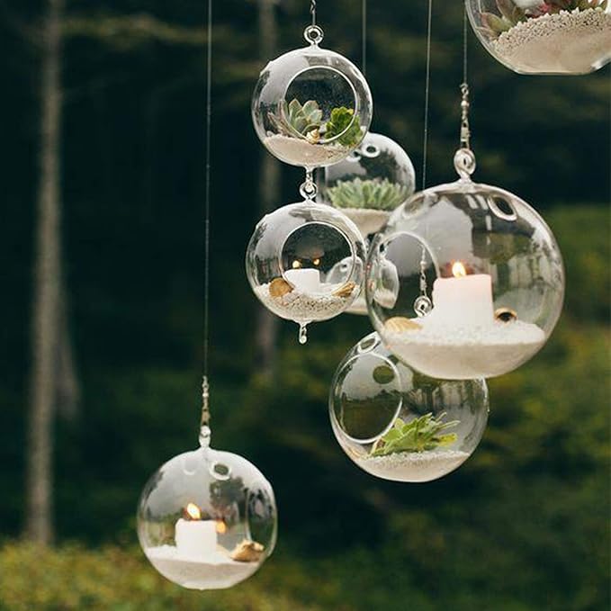 WGV Hanging Terrarium Globe, Width 5", Height 7", Double Hook, DIY Air Succulent Planter, Clear Glass Vase Orb, Candle Holder for Windowsill Outdoor Garden Decor, 1 Piece